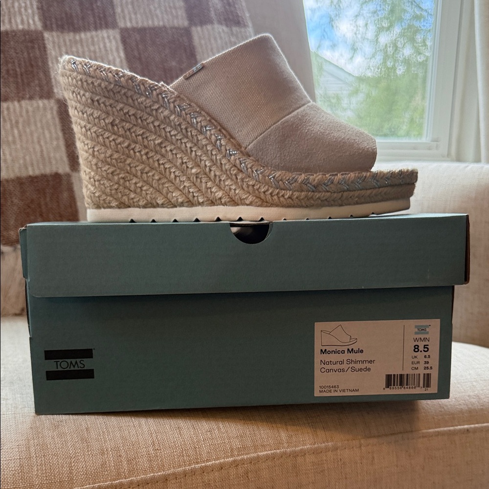 TOMS Beige Canvas Wedge Mules